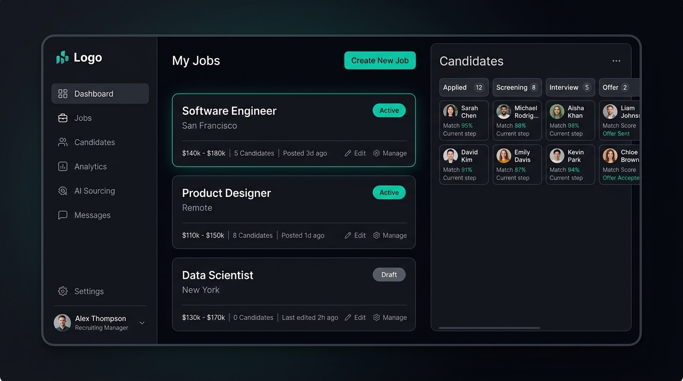 Convalent recruiting platform dashboard showing jobs list, candidate pipeline, and AI matching scores